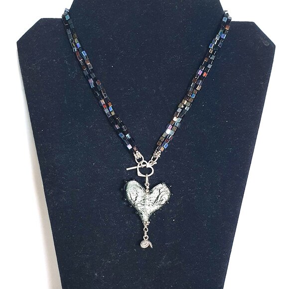 Vintage 925 Silver Handcrafted Art Glass Hematite Boho Heart Statement Necklace - Picture 3 of 14